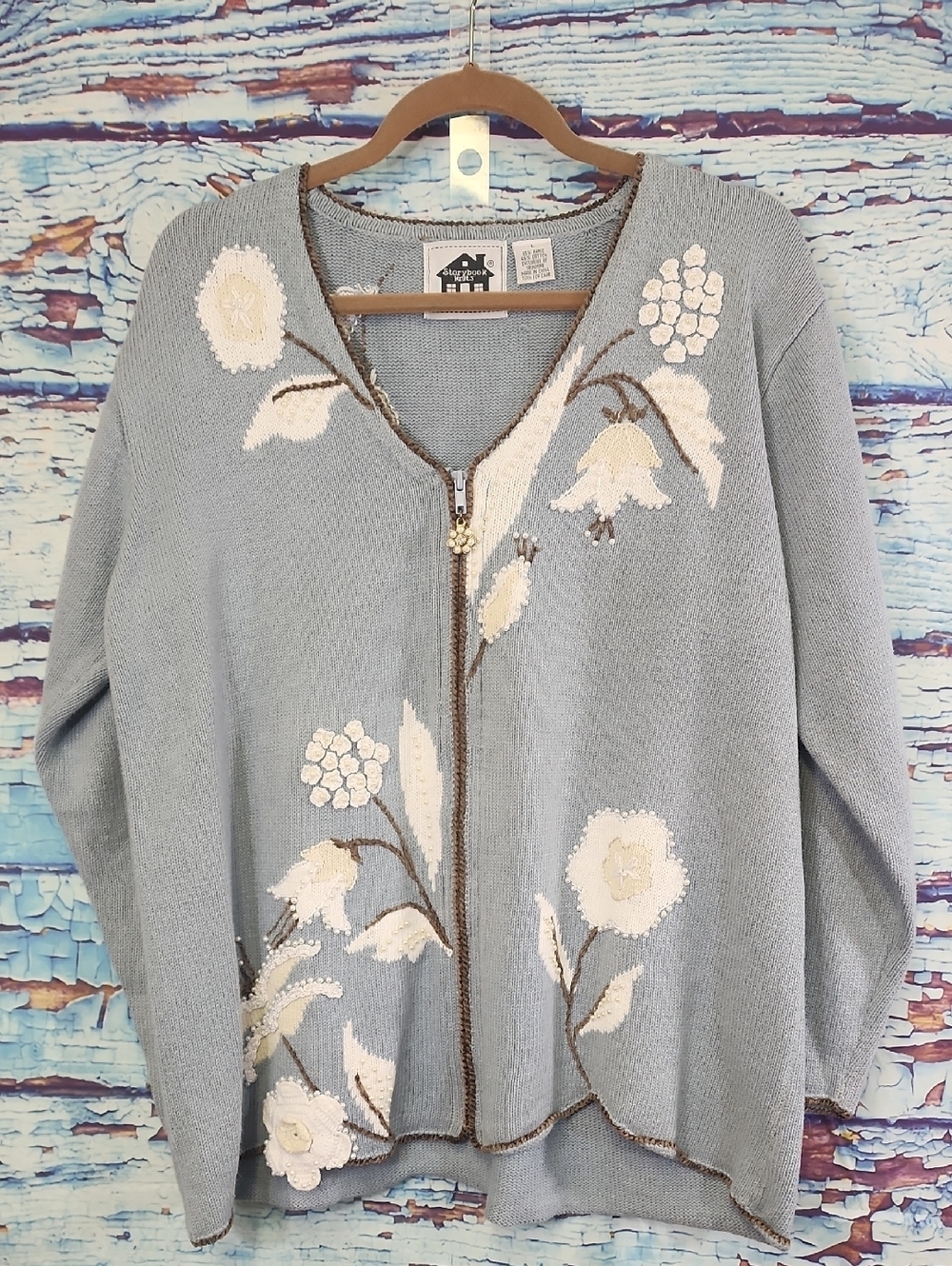 Storybook Knits Light Blue Floral Zip Cardigan